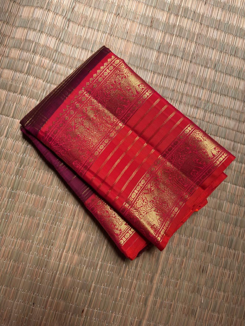 Deep Plum Handwoven Pure Silk Kanchipuram Zari Kattam Saree with Vermilion Elephant Zari Border – border detail view