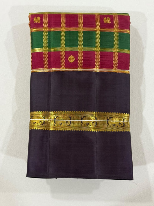 Vermilion and green Kanjeevaram saree with gold zari kattam handwoven in Kanchipuram