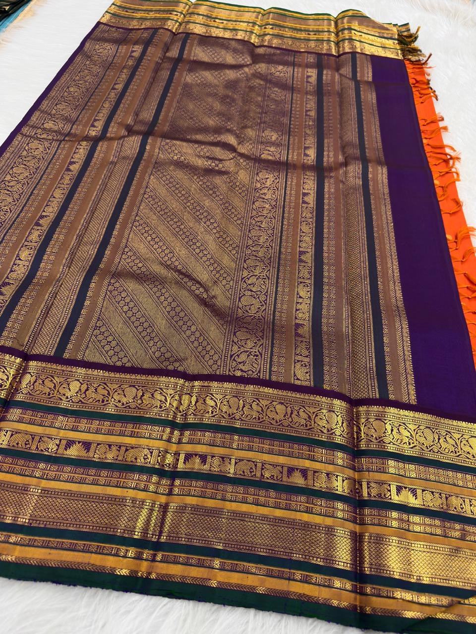 Vermilion Orange Handwoven Pure Silk Kanchi Pattu Varisaipet Saree with Heritage Zari Border — Idam Living