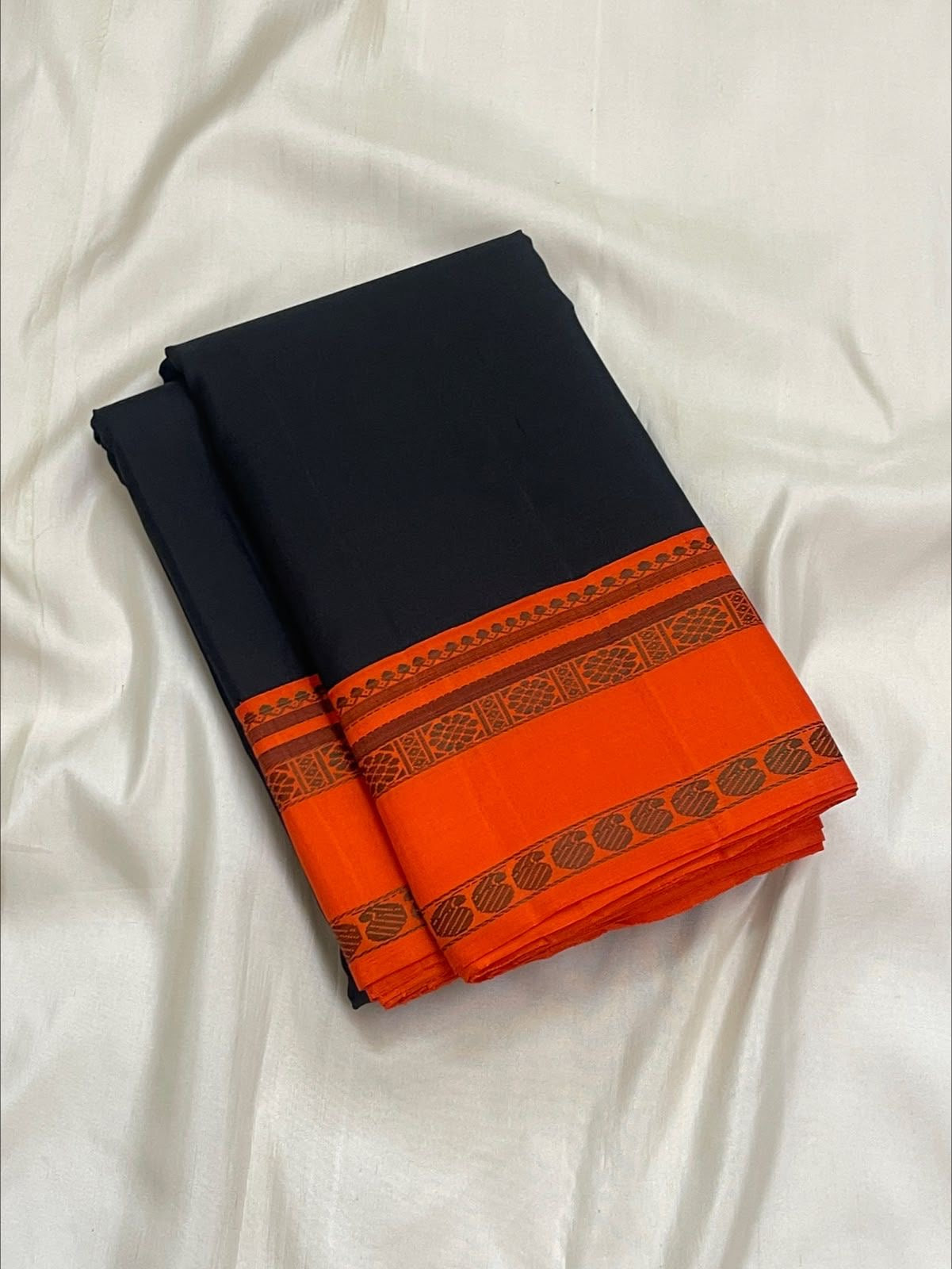 Deep Black and Vermilion Orange Handwoven Pure Silk Kanjivaram Pattupet Saree with Thread-Woven Border