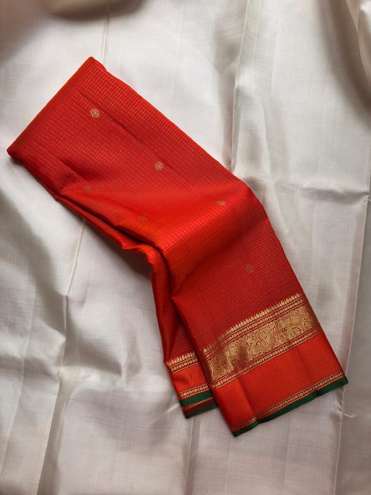 Vermilion Orange Handwoven Pure Silk Kancheepuram Saree with Zari Kattam and Elephant Border