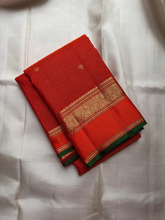 Vermilion Orange Handwoven Pure Silk Kancheepuram Saree with Zari Kattam and Elephant Border