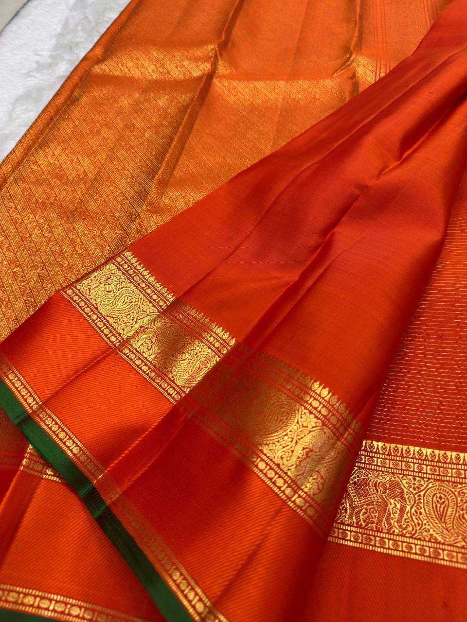 Vermilion Orange Handwoven Pure Silk Kancheepuram Saree with Zari Kattam and Elephant Border