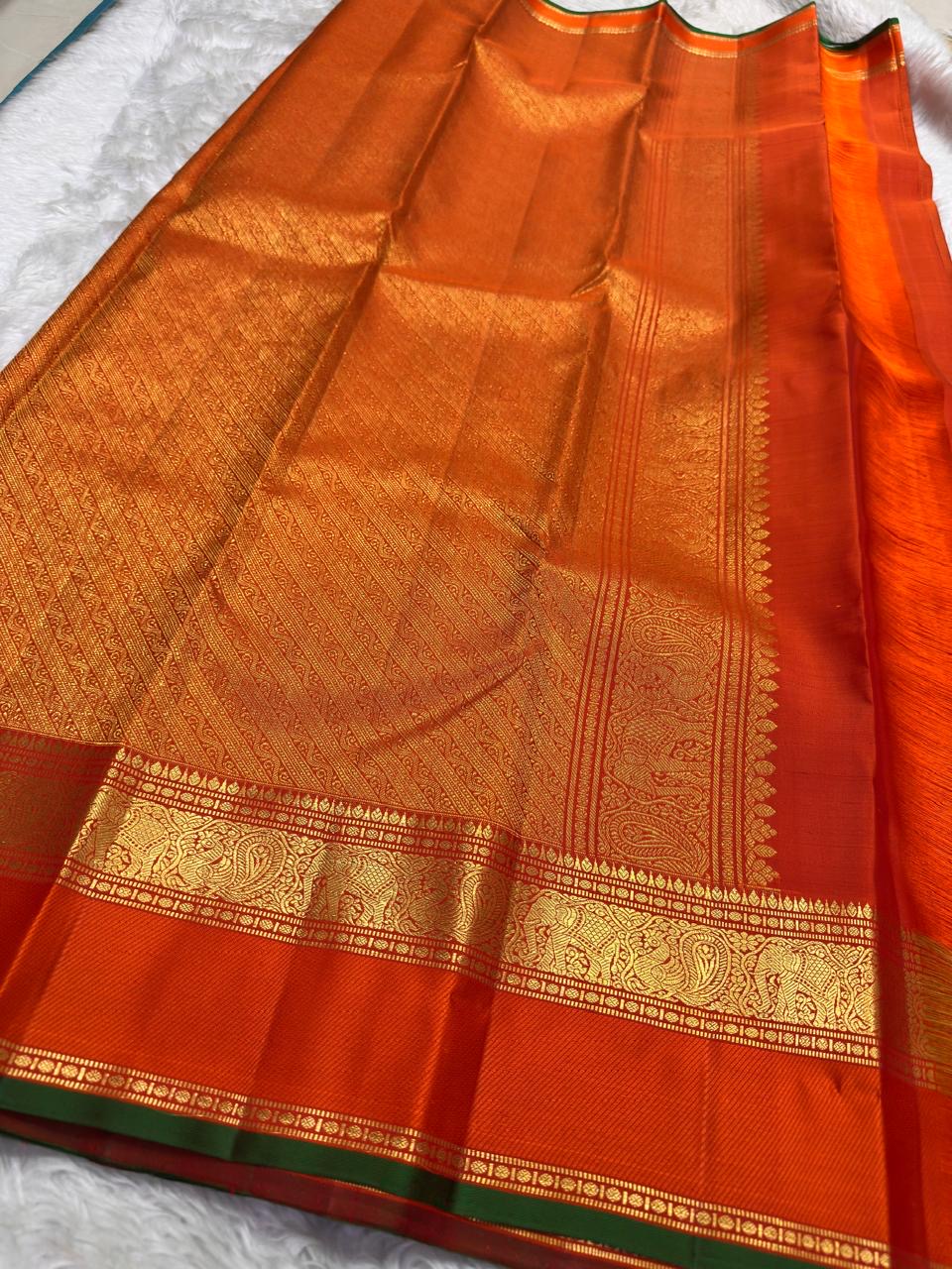 Vermilion Orange Handwoven Pure Silk Kancheepuram Saree with Zari Kattam and Elephant Border