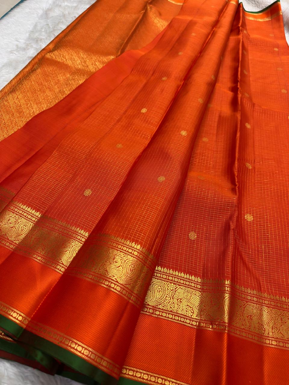 Vermilion Orange Handwoven Pure Silk Kancheepuram Saree with Zari Kattam and Elephant Border