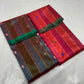 Vermilion Red and Rani Pink Tissue Silk Chanderi saree with fine jari stripes, blue and green buttas and striped pallu