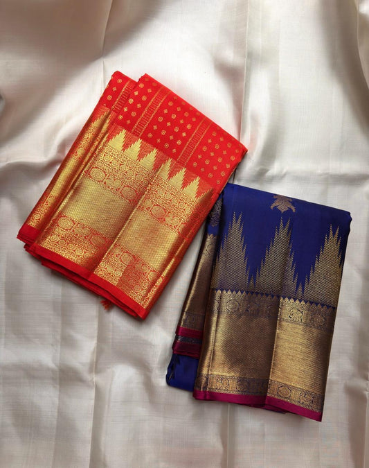 Vermilion Red Handwoven Pure Silk Kancheepuram Saree with Kamalam Diamond Butta and Temple Border