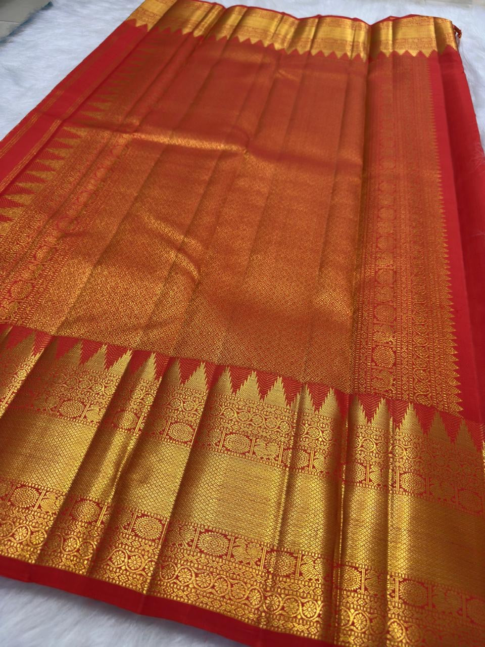 Vermilion Red Handwoven Pure Silk Kancheepuram Saree with Kamalam Diamond Butta and Temple Border