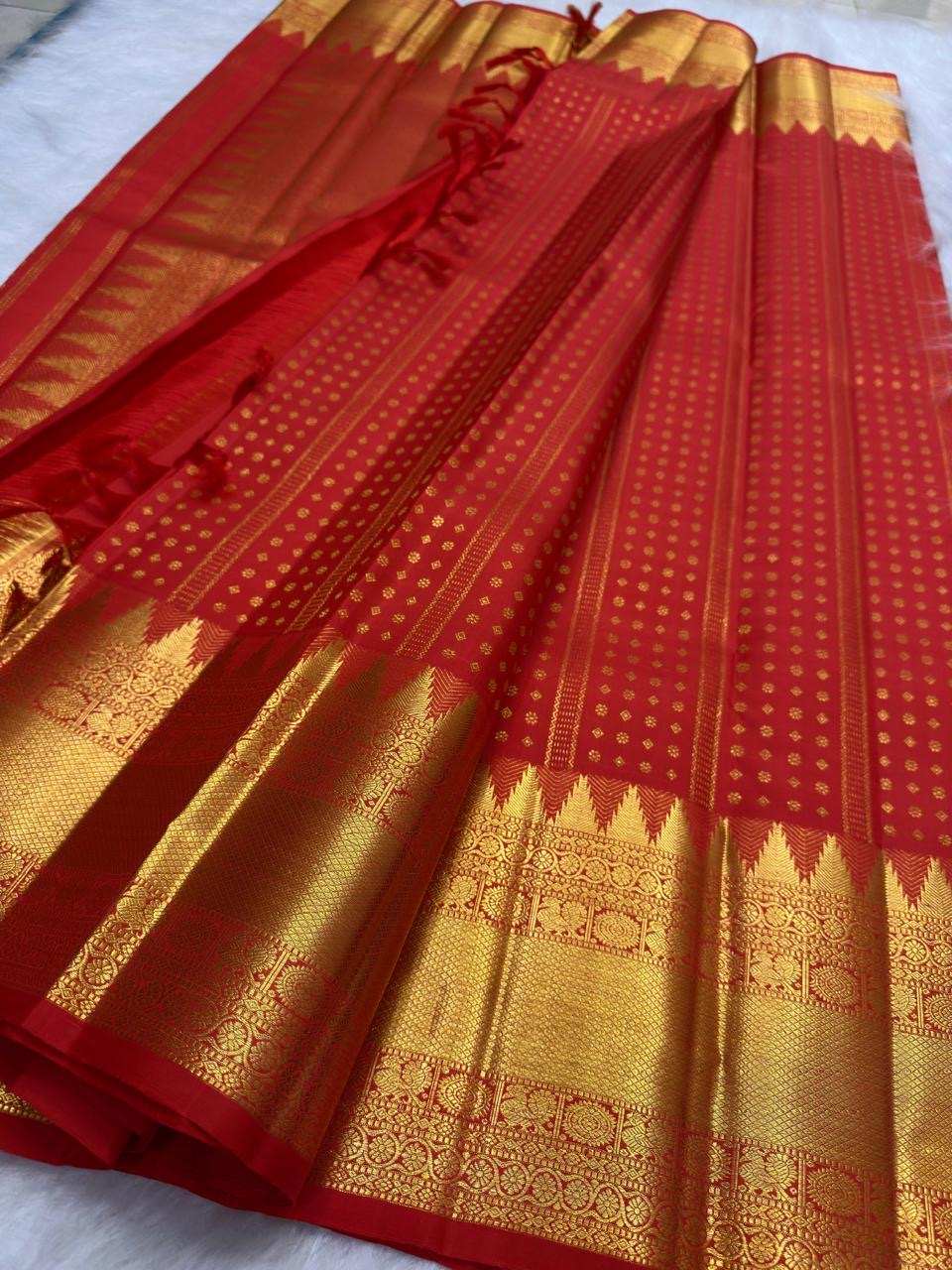 Vermilion Red Handwoven Pure Silk Kancheepuram Saree with Kamalam Diamond Butta and Temple Border