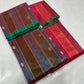 Close view of Vermilion Red Chanderi saree with Rani Pink sheen, fine jari lines and blue and green woven buttas