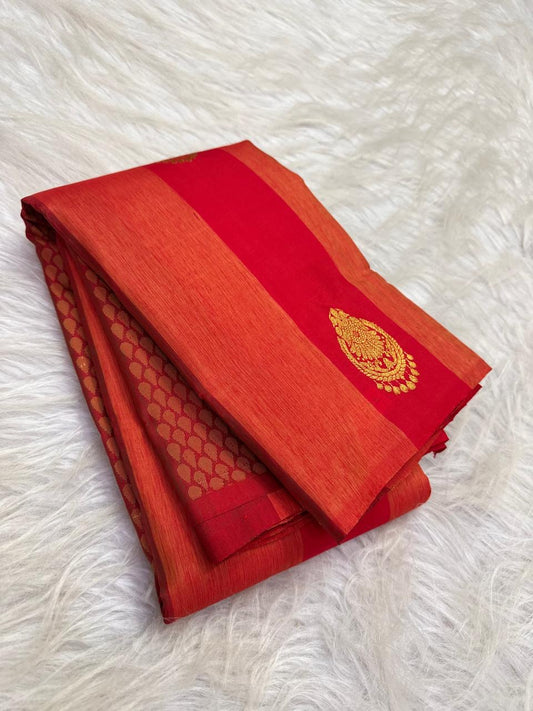 Vermilion red Pure Silk Kanchi Pattu saree with petite floral gold zari buttas