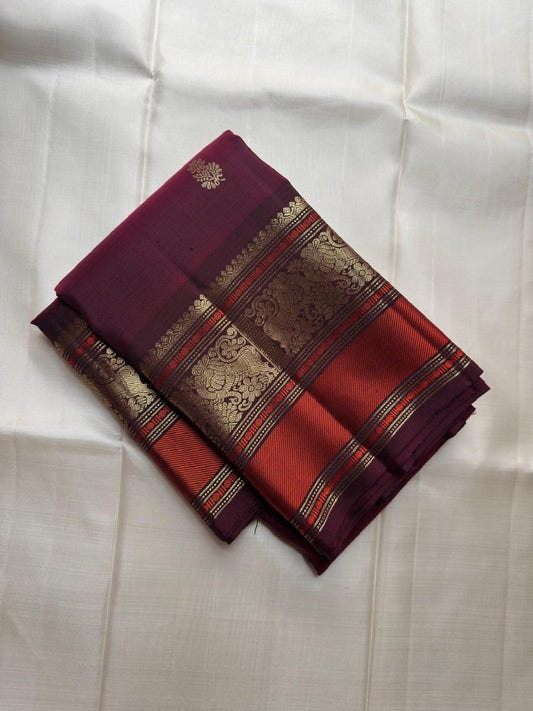Vermilion Red pure silk Kanjivaram saree, Butta weave with Deep Aubergine border — body weave close-up