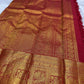 Vermilion Red Handwoven Pure Silk Kanchipuram Zari Kattam Saree with Broad Gold Border – silk fabric close-up