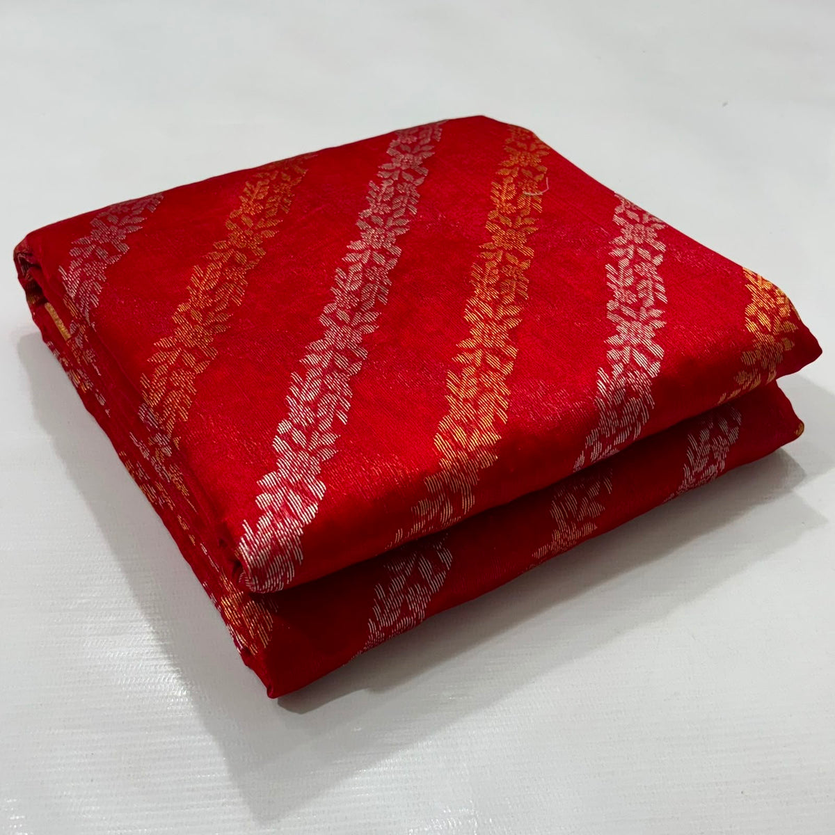 Vermilion Red handloom Chanderi silk saree with orange and rose-pink woven stripe pattern