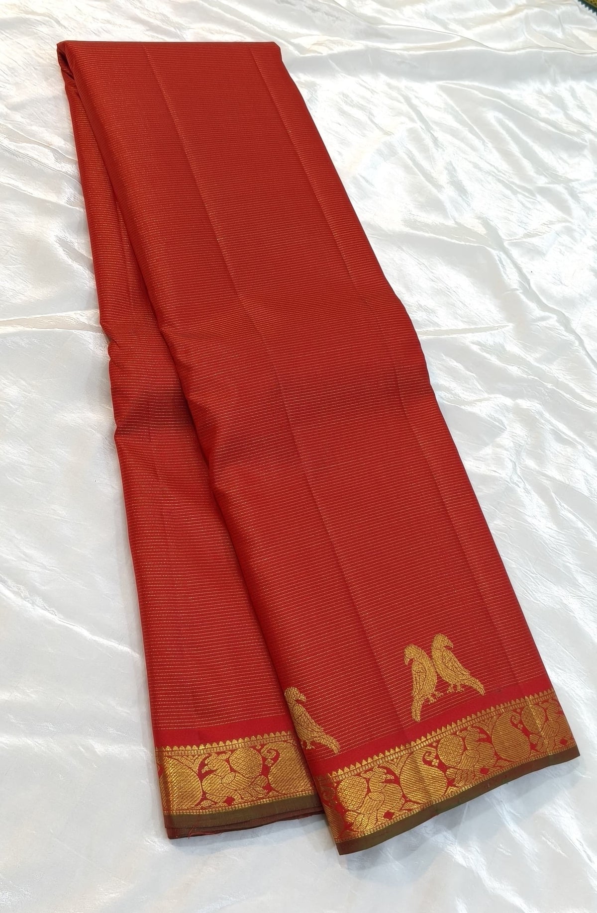 Vermilion red Pure Silk Kanjivaram Vairaoosi saree with Kili motifs, detail view 3