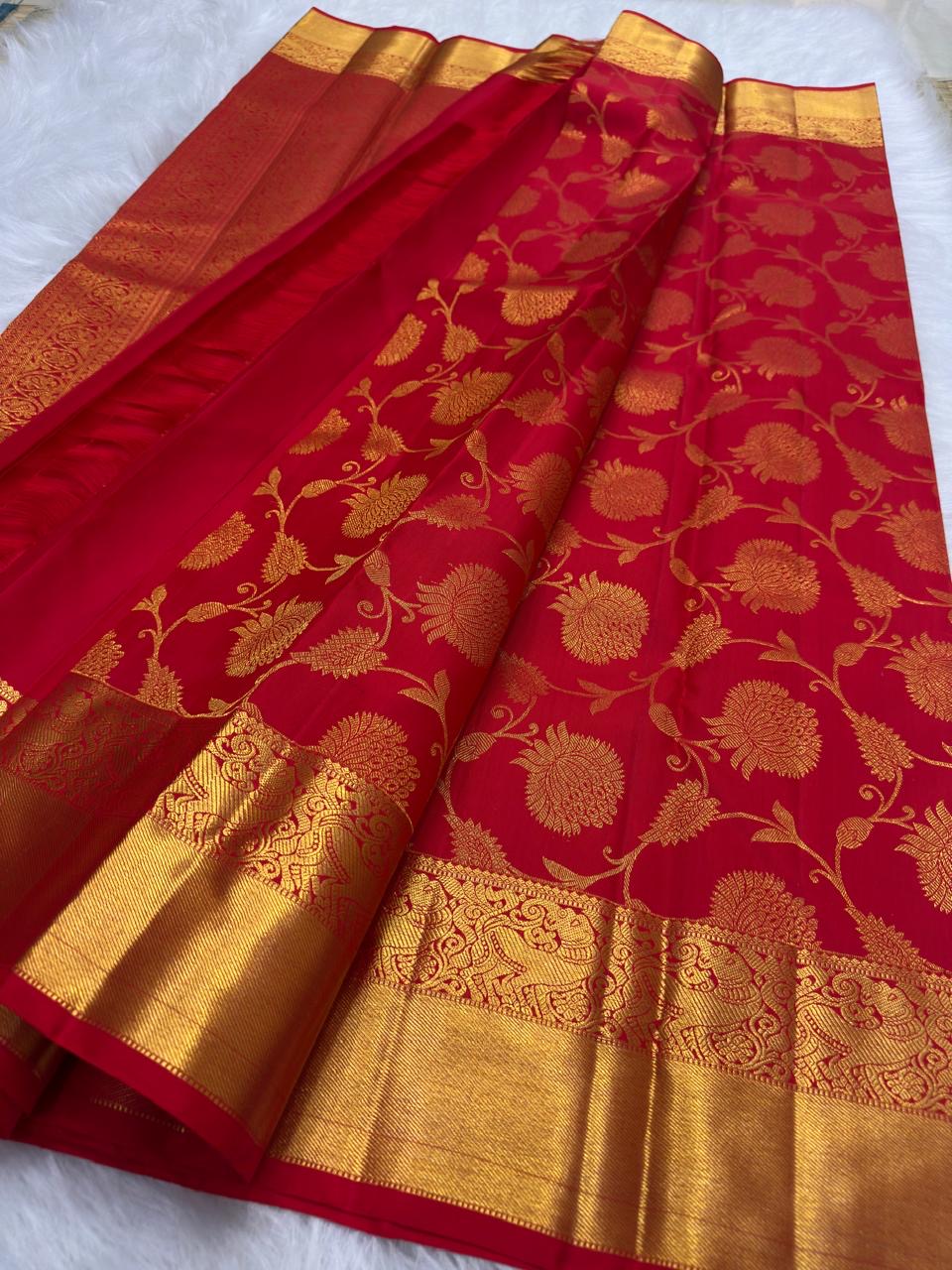 Vermilion red handwoven Pure Silk Kanchipuram saree folded to show the broad gold zari border