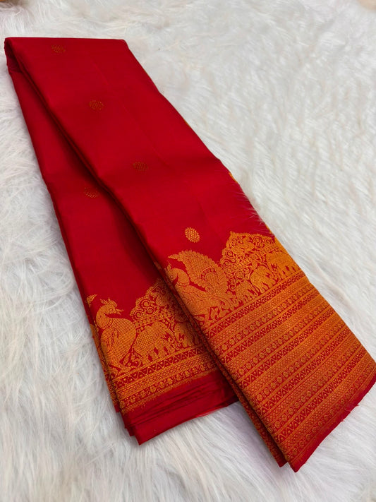 Vermilion Red handwoven pure silk KanchiPattu saree with floral butta motifs — full saree overview — Idam Living