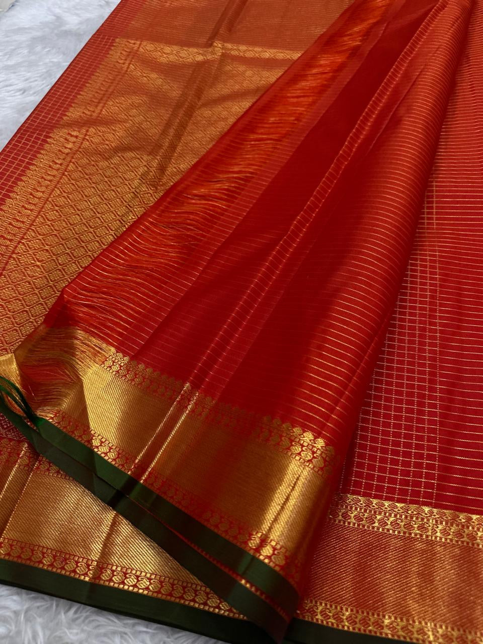 Vermilion Red Kanjipuram silk saree, back view showing drape — Idam Living