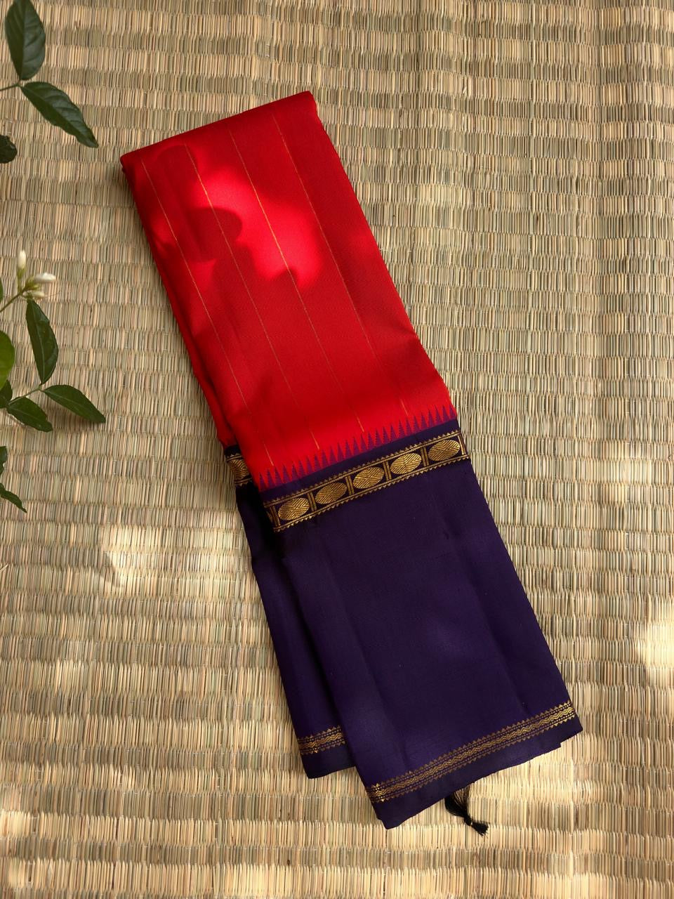 Vermilion Red Kanjeevaram silk saree, body weave texture close-up — Idam Living