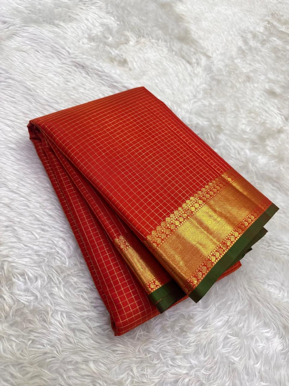 Vermilion Red Kanjipuram silk saree draped, full length view — Idam Living