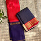 Vermilion Red Kanjeevaram silk saree draped, full length view — Idam Living