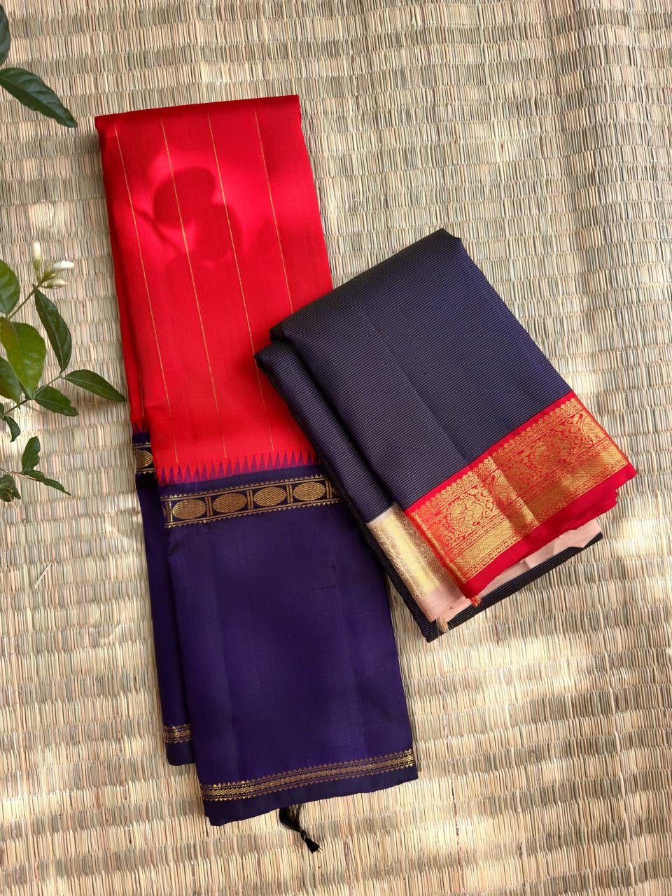 Vermilion Red Kanjeevaram silk saree draped, full length view — Idam Living
