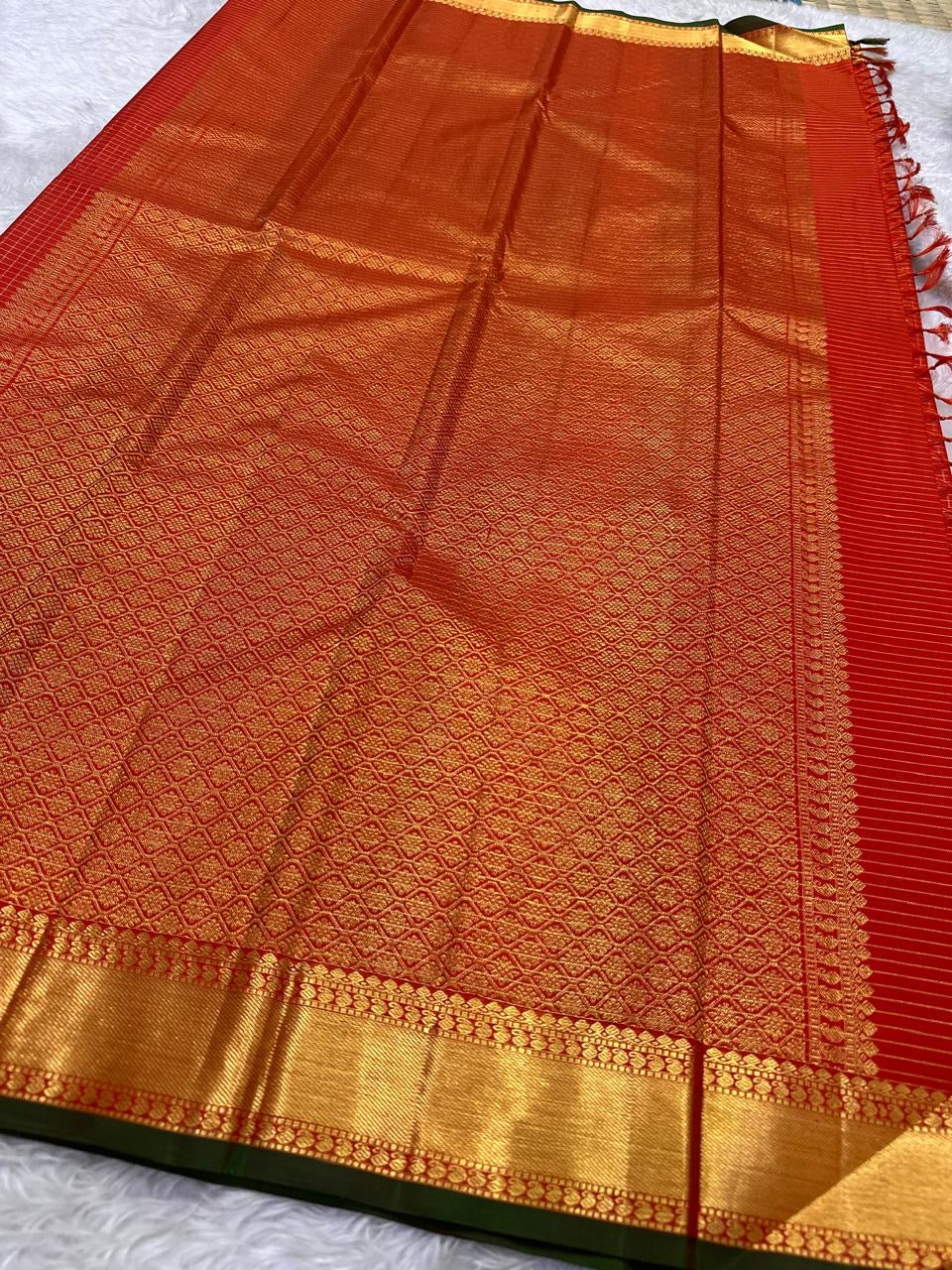 Vermilion Red Kanjipuram silk saree, pallu detail — Idam Living