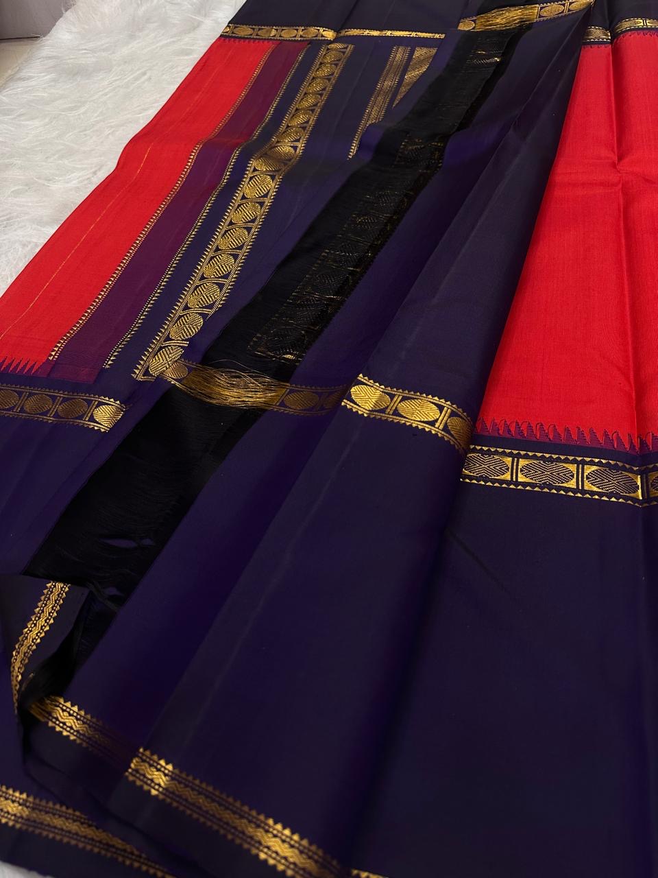Vermilion Red Kanjeevaram silk saree, border close-up detail — Idam Living