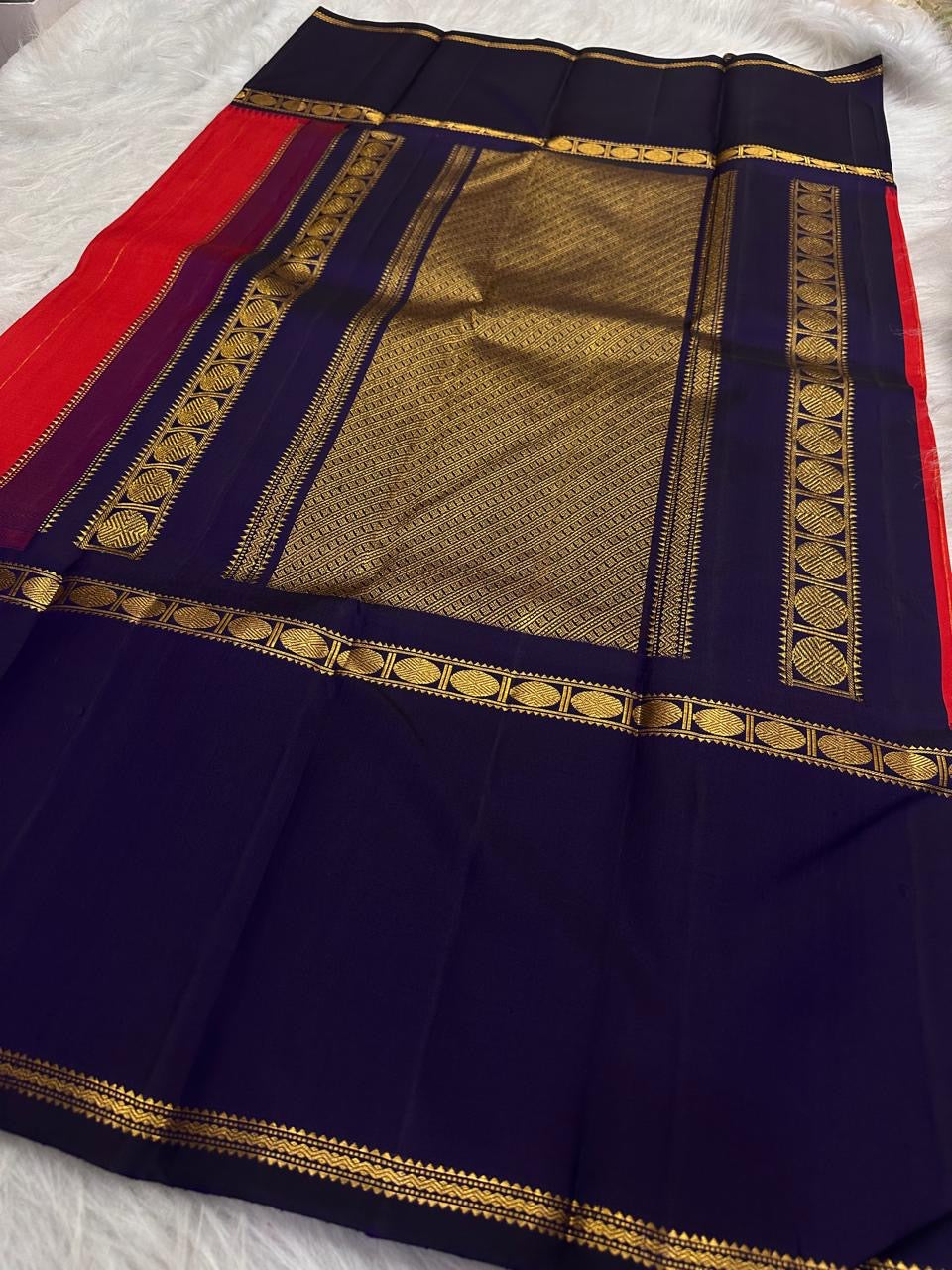 Vermilion Red Kanjeevaram silk saree — full front view, rettapet weave — Idam Living