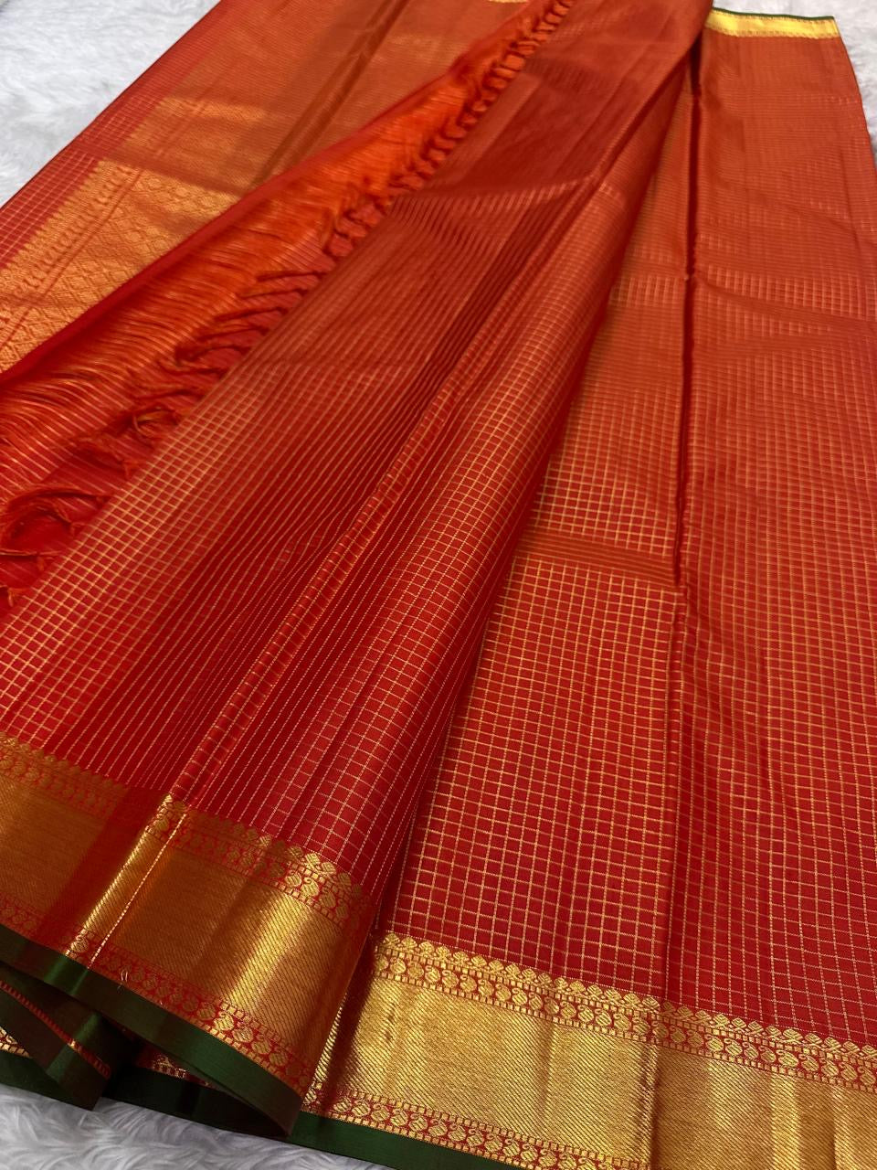 Vermilion Red Kanjipuram silk saree, Zari Kattam grid close-up — Idam Living