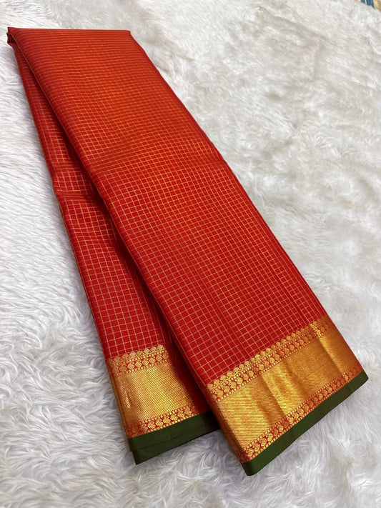 Vermilion Red Kanjipuram silk saree — full front view, zari kattam weave — Idam Living