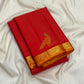 Vermilion red handwoven pure silk Vairaoosi saree with Mayil zari motif and gold border, folded view