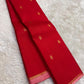 Crimson vermilion handwoven pure silk Kanjivaram saree with small Gandaberunda Butta in gold zari and pastel pink border — Idam Living