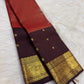 Vermilion red handwoven pure silk Kanjipuram Zari Kattam saree – full saree view