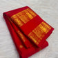 Vermilion red Kanchipuram silk saree with gold Yazhi border, full view