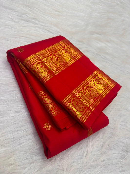 Vermilion red Kanchipuram silk saree with gold Yazhi border, full view