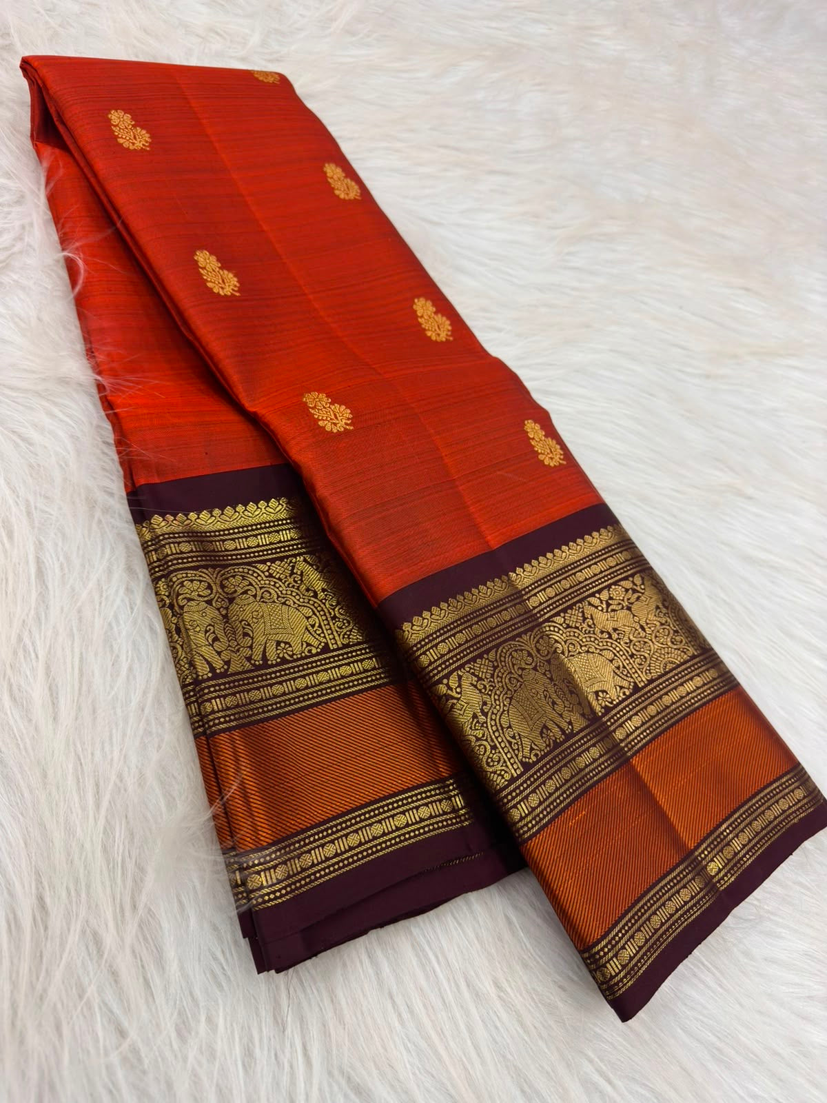 Vermilion Red Kanjeevaram Saree — full drape, pure silk Kanchipuram handwoven — Idam Living