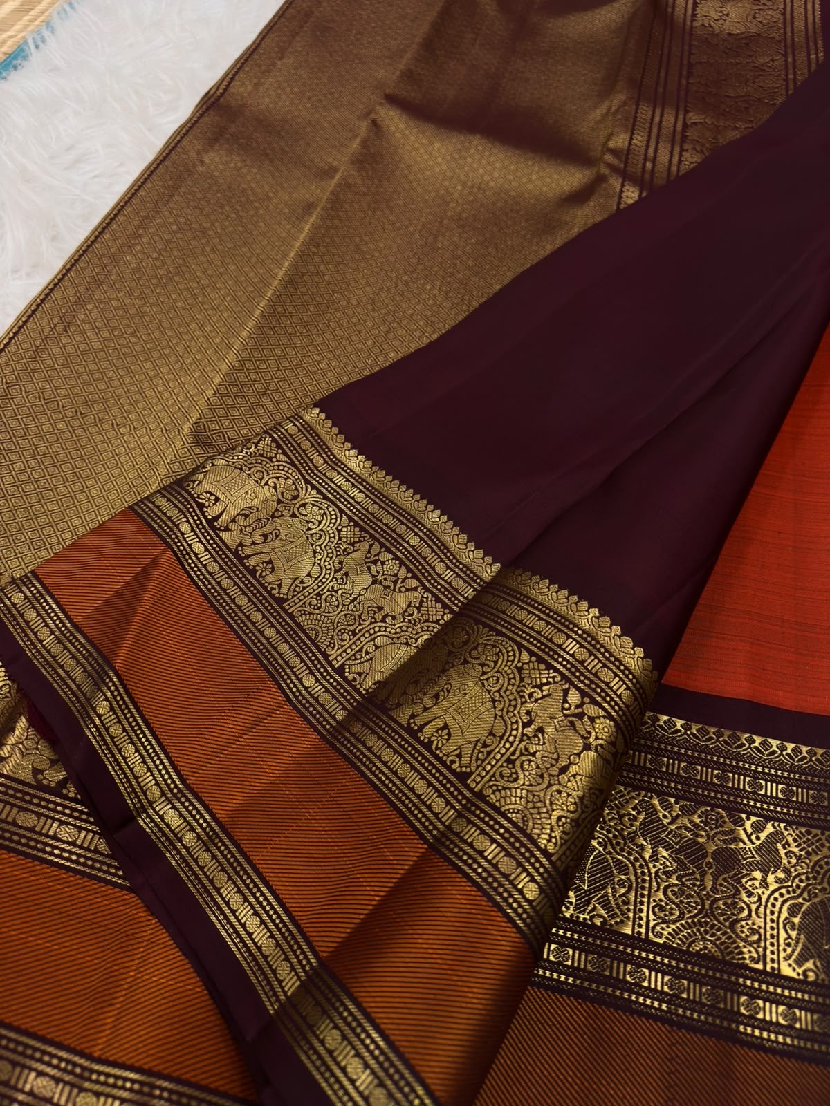 Vermilion Red Pure Silk Kanjeevaram Saree — full saree overview, Korvai weave with elephant motif border — Idam Living