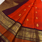 Vermilion Red Kanjeevaram Saree — pallu detail with burnt-orange silk-thread panels