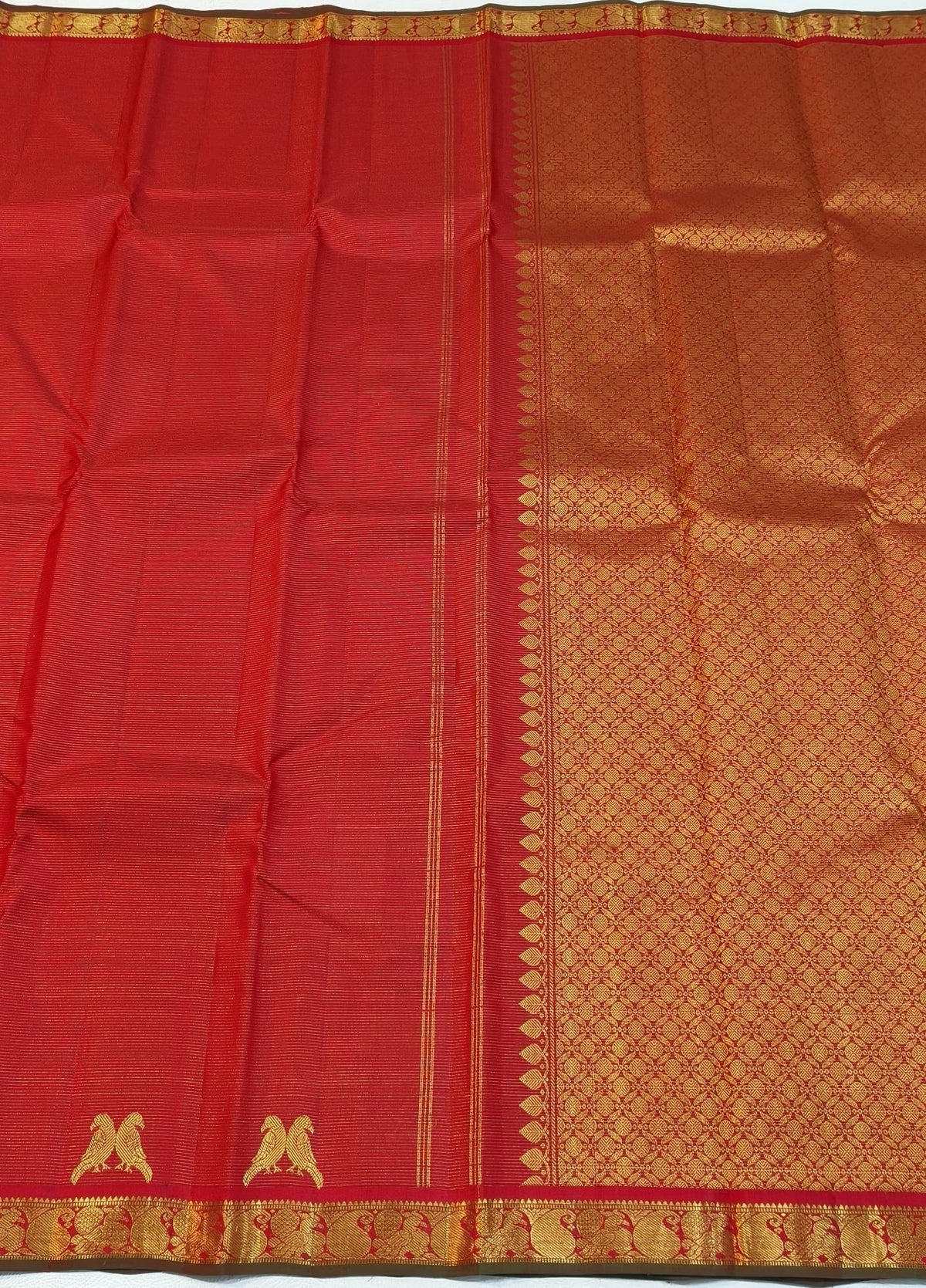 Vermilion red Pure Silk Kanjivaram Vairaoosi saree with Kili motifs, detail view 2