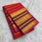 Handwoven red Kanchipuram silk with intricate Veldhari detailing.