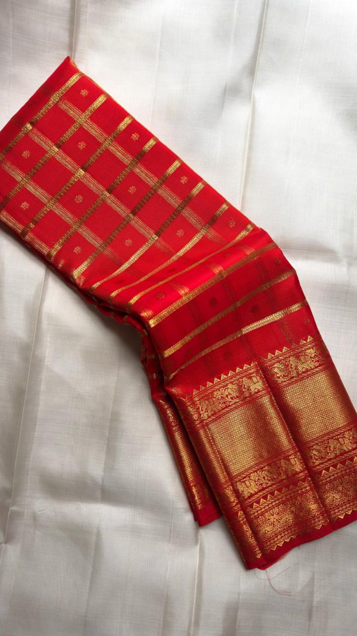 Vermilion Red Handwoven Pure Silk Kanchipuram Zari Kattam Saree with Broad Gold Border – front full drape view