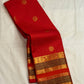 Radiant vermilion red reminiscent of temple kumkum pure silk Kanchipuram saree, vermilion red kanchipuram zari kattam saree; traditional Zari Kattam weave.