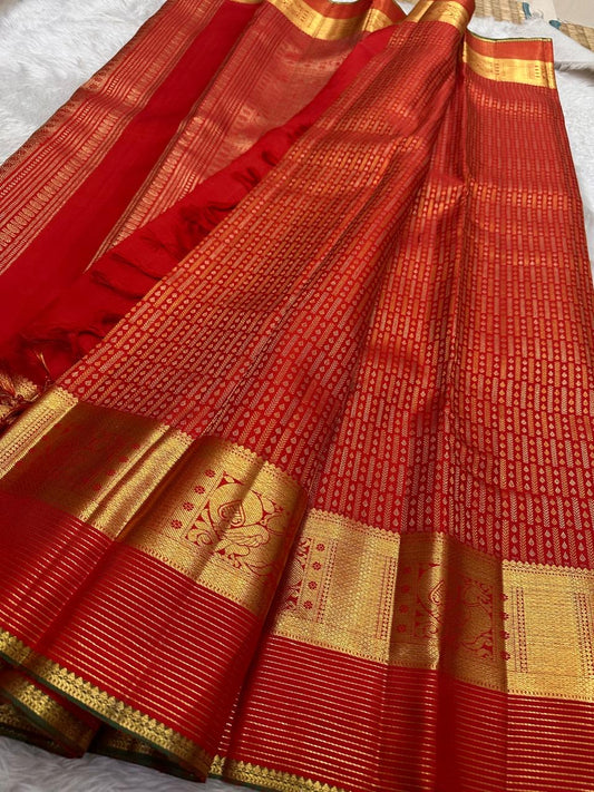 Vermilion Red Handwoven Pure Silk Kanchipuram Saree with Gaja Elephant Border