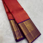 Vermilion Red Pure Silk Kanchipuram Korvai saree with Deep Purple gold-zari border.
