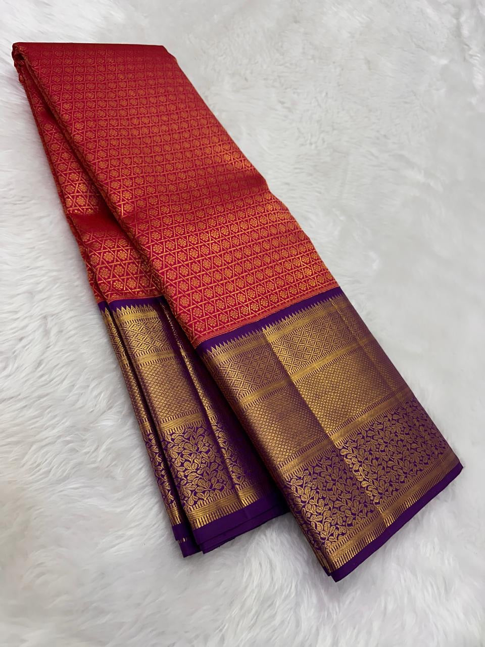 Vermilion Red Pure Silk Kanchipuram Korvai saree with Deep Purple gold-zari border.