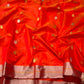 Vermilion Red handloom Pattu Silk Chanderi saree with alternating gold and silver leaf buttas and metallic border