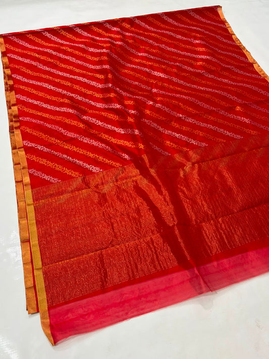 Vermilion Red handloom Pattu Silk Chanderi saree with orange and rose woven stripes, gold edging and metallic pallu