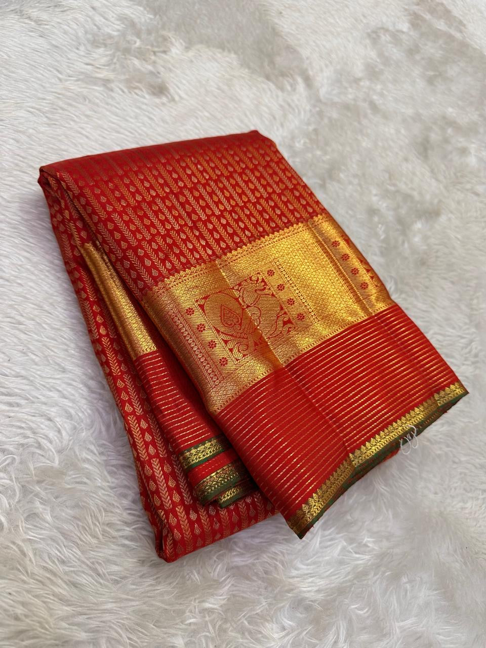 Vermilion Red Handwoven Pure Silk Kanchipuram Saree with Gaja Elephant Border