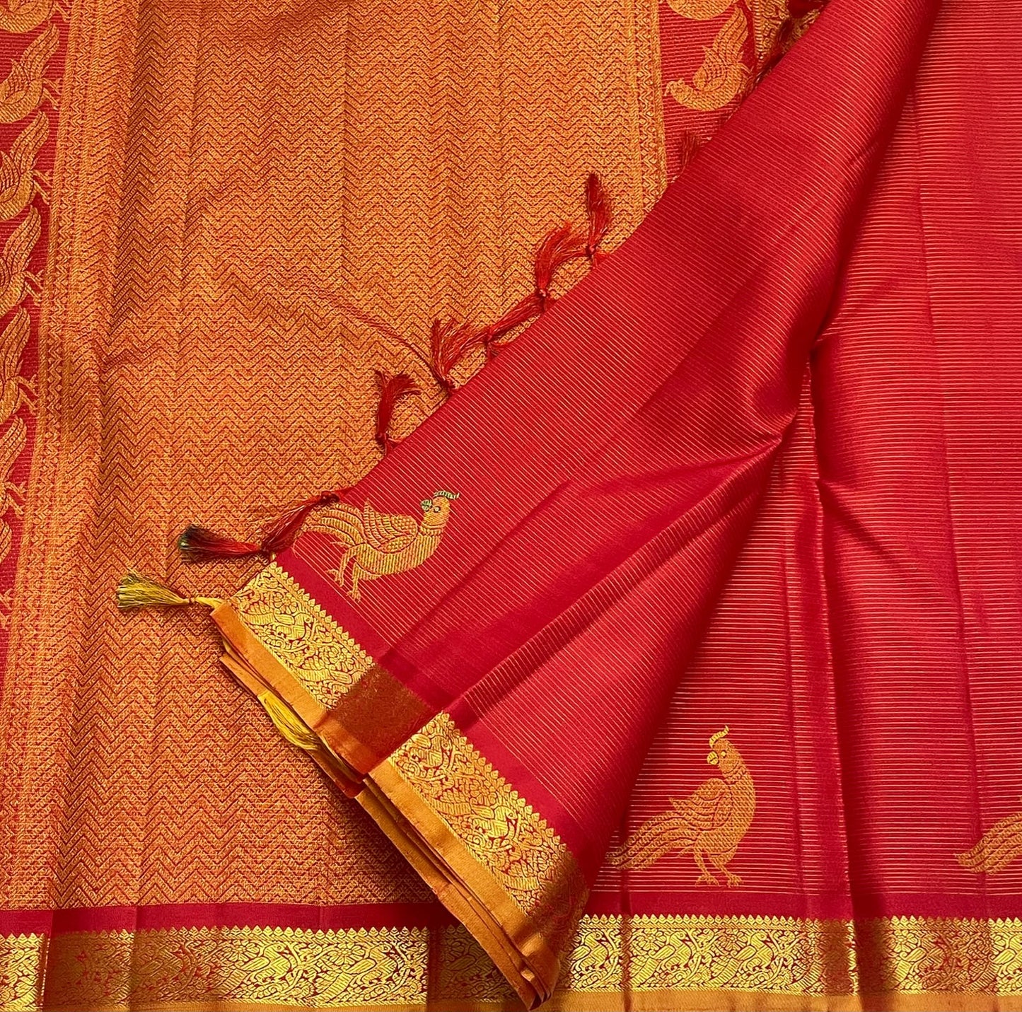 Vermilion red pure silk Kancheepuram Vairaoosi saree, draped front view